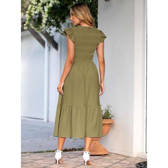 Womens Boho Maxi Dress Summer Casual Flutter Sleeve Pockets Fit to Size - Picture 3 of 6